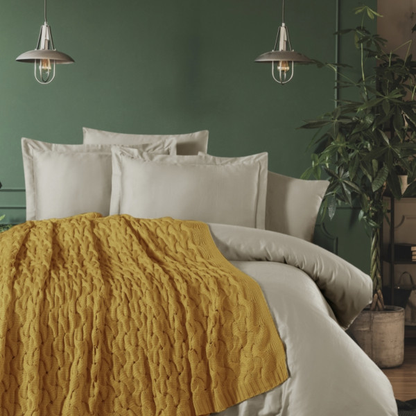  Постільна білизна з в'язаним покривалом First Choice Nirvana Tango Сатин / Євро 200х220 см / Гірчичний