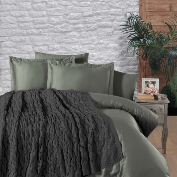  Постільна білизна з в'язаним покривалом First Choice Nirvana Tango Сатин / Євро 200х220 см / Графітовий  