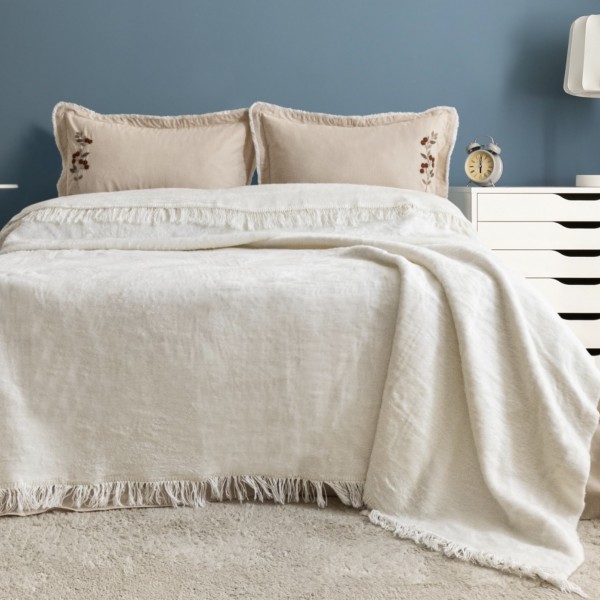  Постільна білизна з вишивкою та покривалом Moss Ranforce Scarlett Bej Ранфорс / Євро 200х220 см / Бежевий