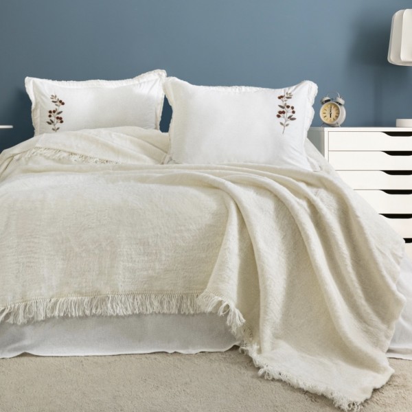  Постільна білизна з вишивкою та покривалом Moss Ranforce Scarlett Krem Ранфорс / Євро 200х220 см / Молочний