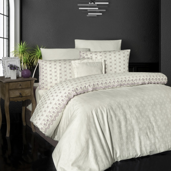  Постільна білизна з мереживом First Choice Cross Жакард сатин / Євро 200х220 см / Молочний