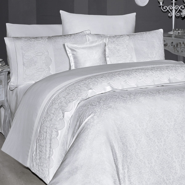  Постільна білизна з мереживом First Choice Hillary Жакард сатин / Євро 200х220 см / Білий