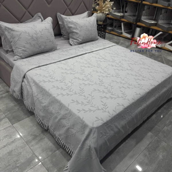  Покривало на ліжко з наволочками та обʼємним візерунком Moss Home Lucia Gri Мікровельвет / 240х260 см / Сірий