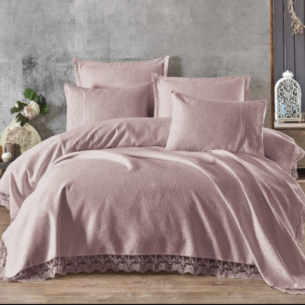  Жакардове покривало з наволочками та мереживом Gardines Istanbul Pudra / 240х260 см / Рожевий